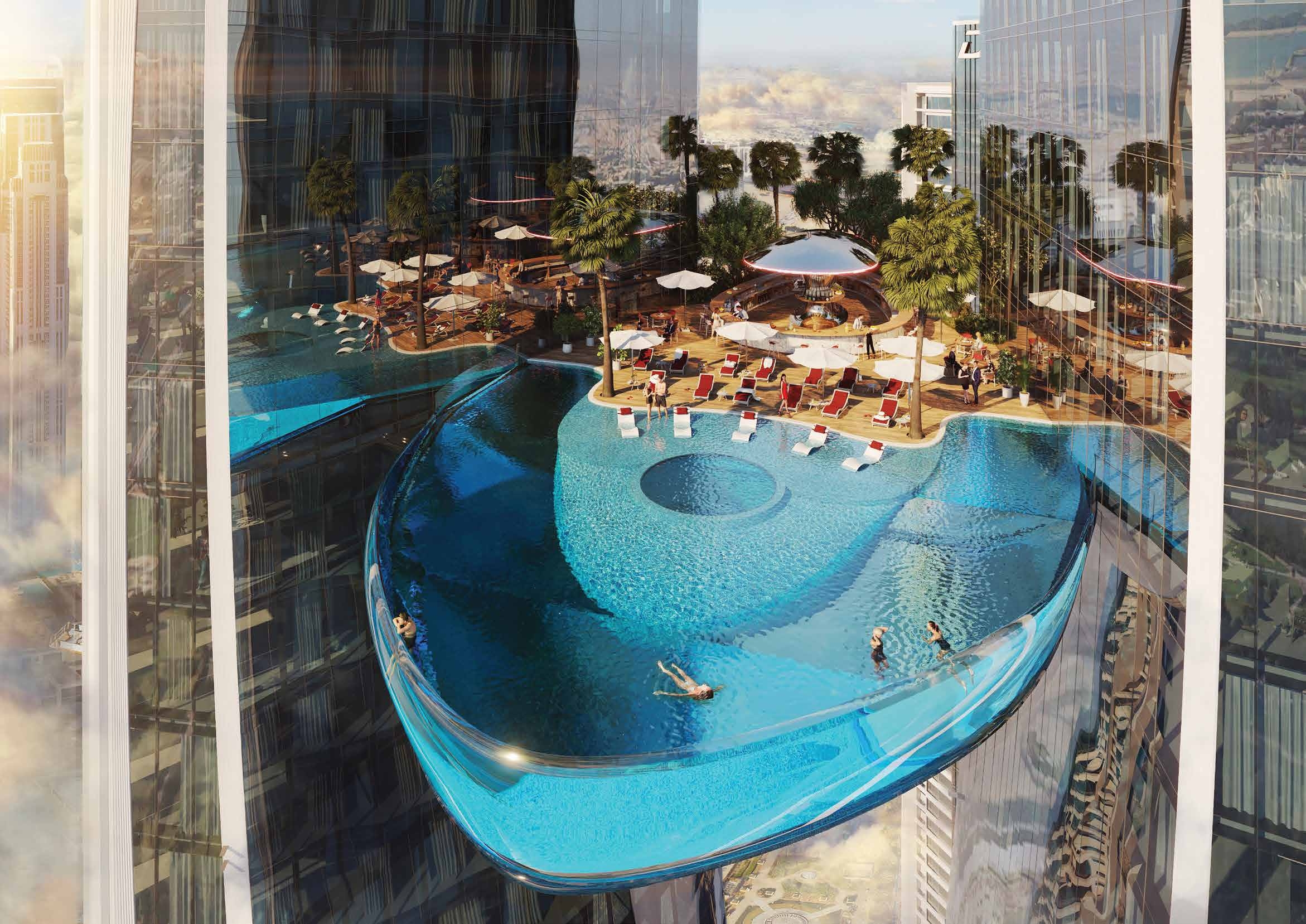 Safa Two — Freischwebender Infinity-Pool zwischen zwei Wolkenkratzern, Whirlpool, Palmen und Sonnenliegen