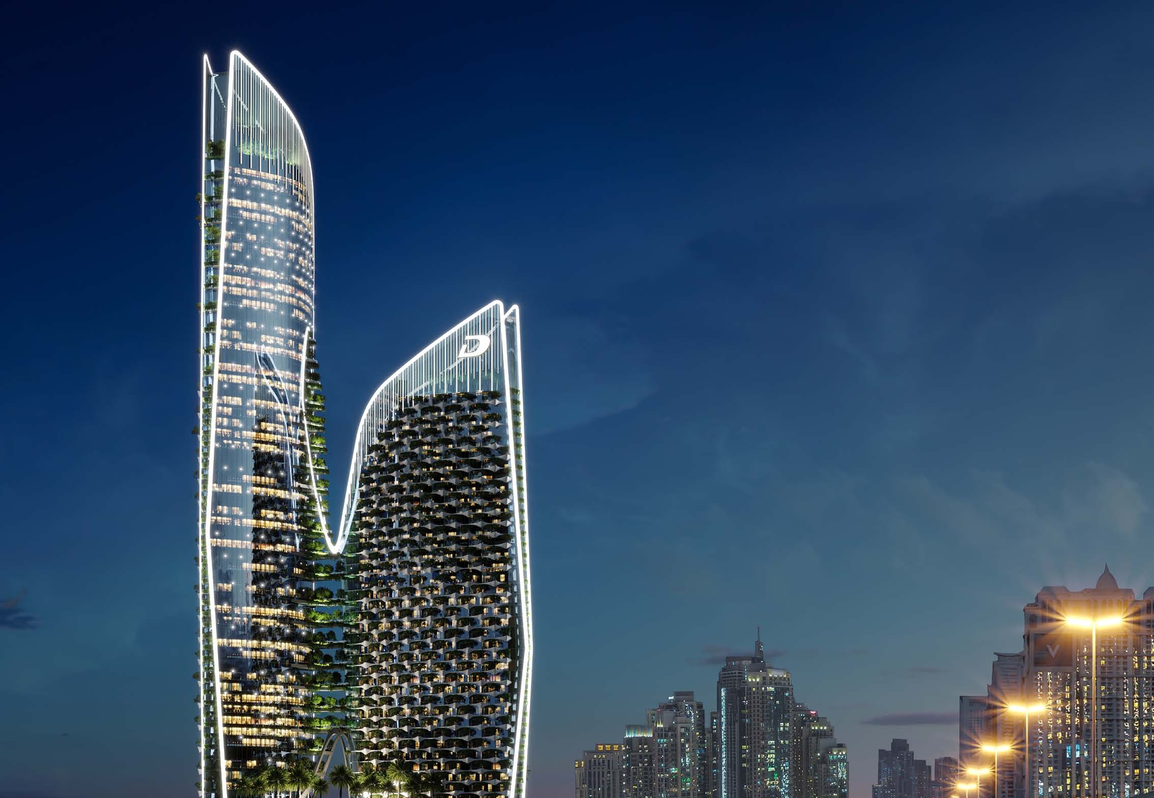 Safa One — Dämmerung mit Dubai Skyline und DAMAC Logo