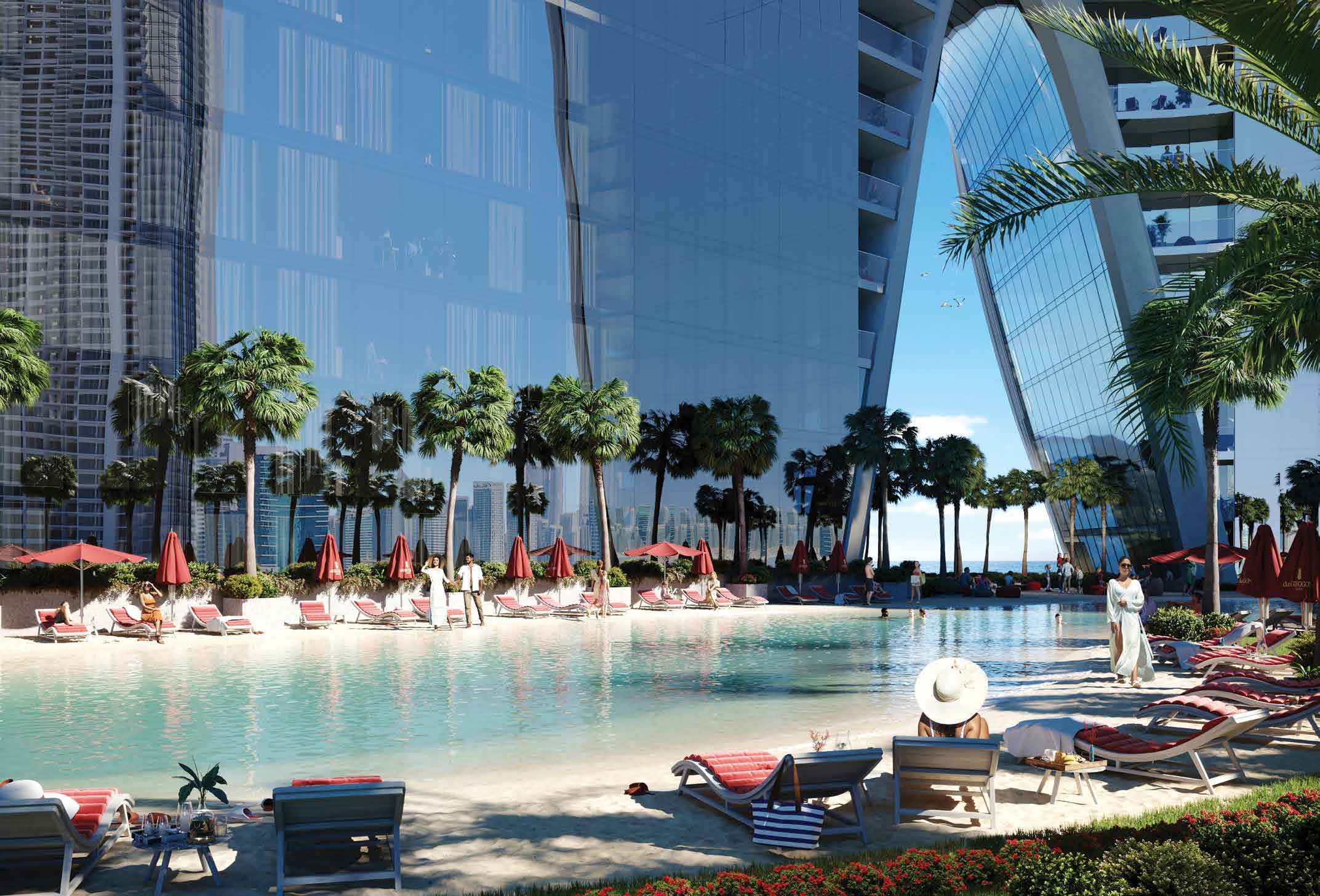 Safa Two — Pool-Landschaft mit Sandstrand, Palmen und zwei spiegelnde Glas-Hochhäuser mit Bogenstruktur