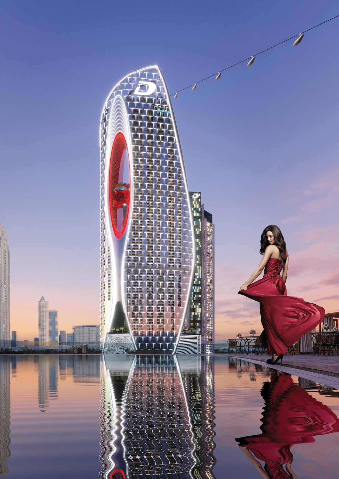 Safa Two — Hochhaus bei Dämmerung, Frau im roten Abendkleid am Infinity-Pool