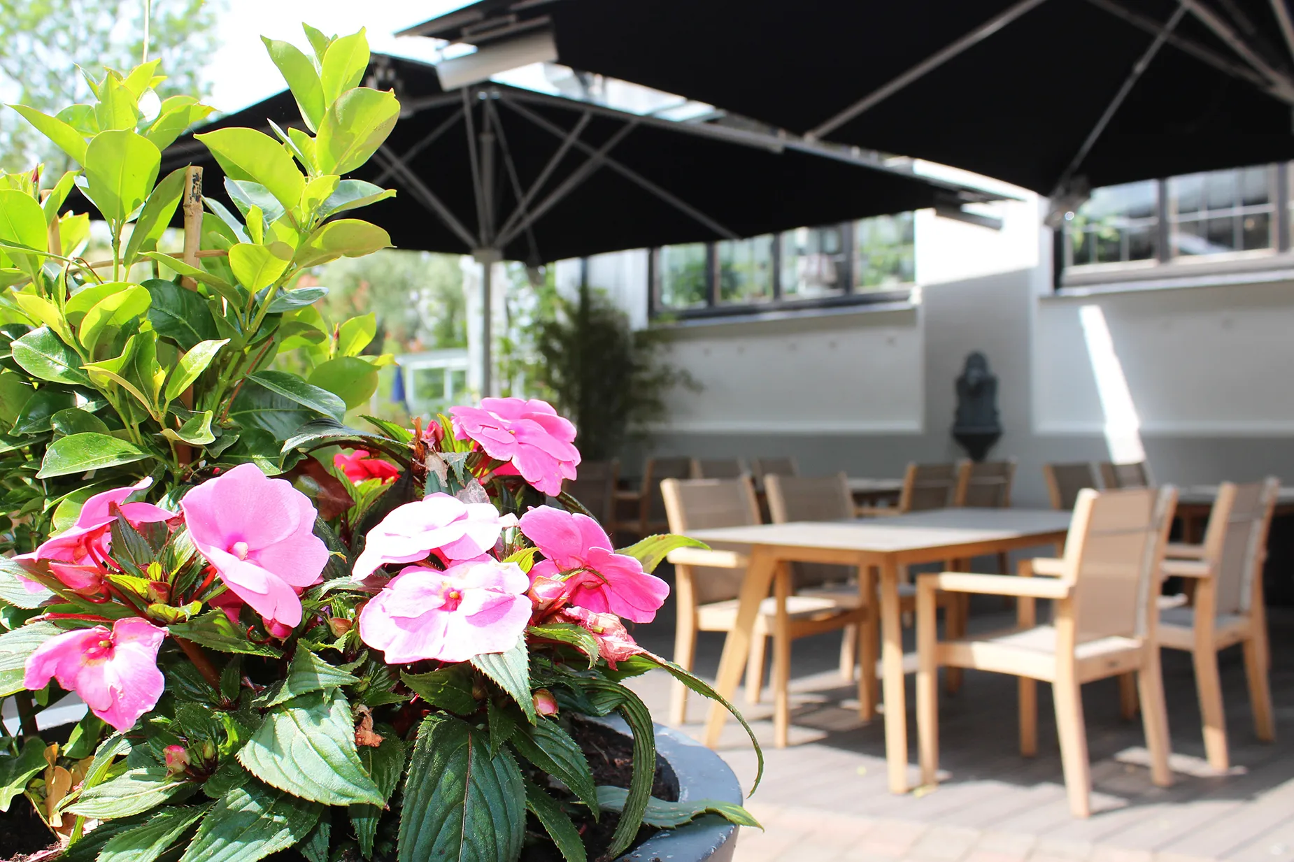 Terrasse des Andechser Hofs mit Blumen