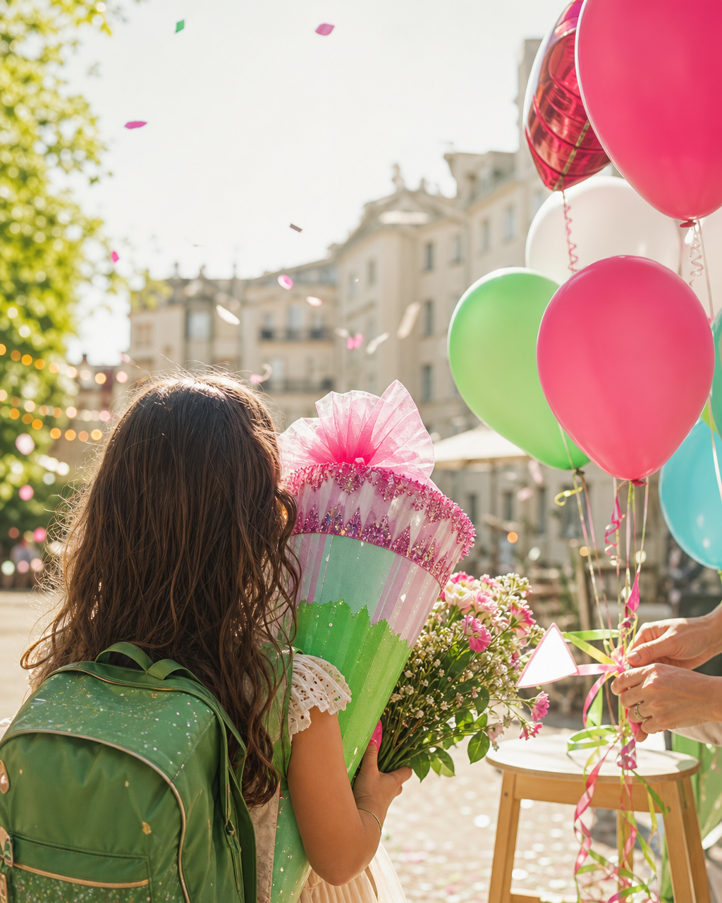 Kind mit Schultüte und Ballons bei der Einschulungsfeier