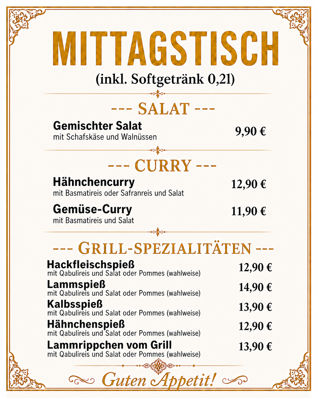 Mittagskarte Zamarod — Salat, Curry und Grill-Spezialitäten