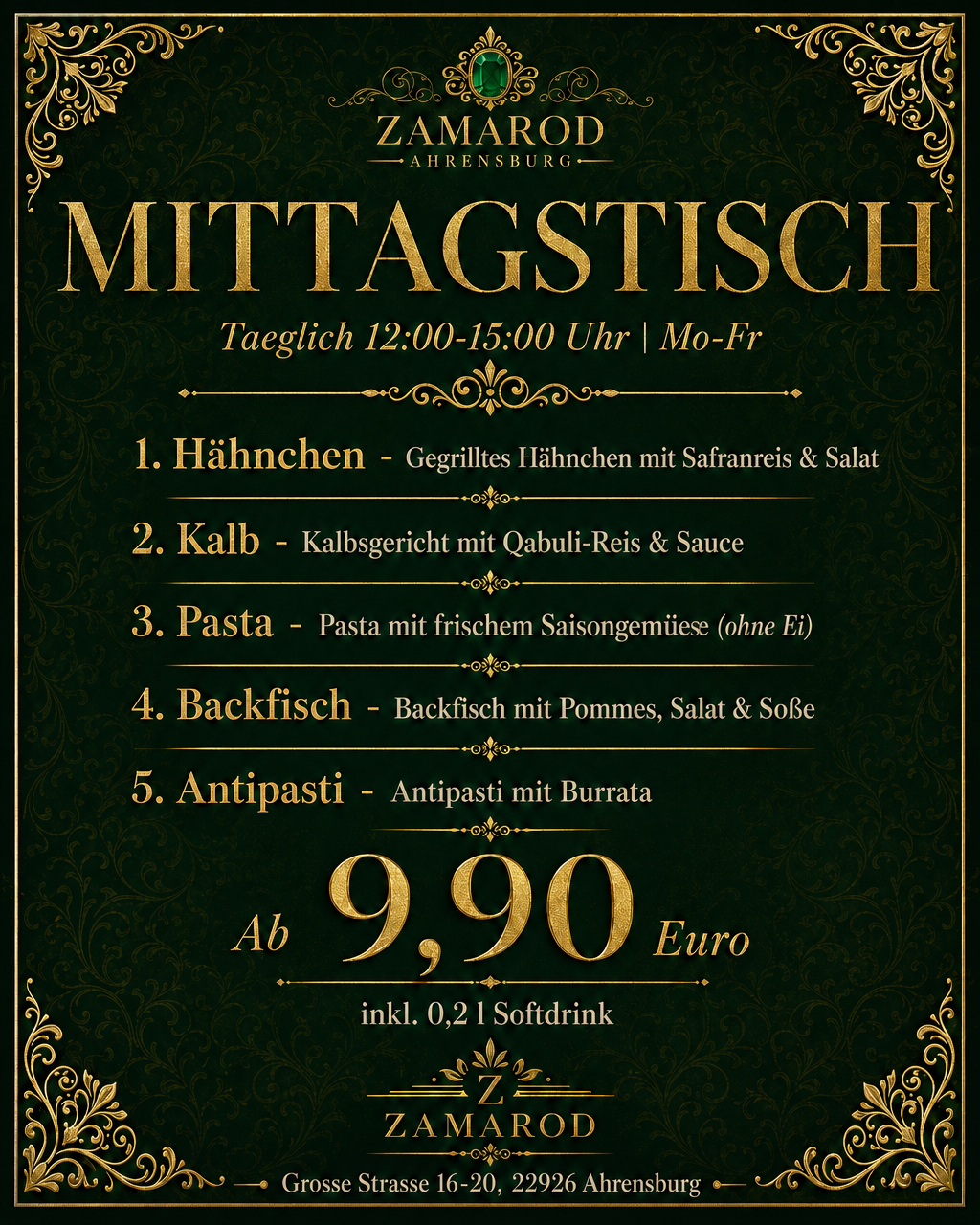 Mittagstisch Zamarod — aktuelle Wochenkarte