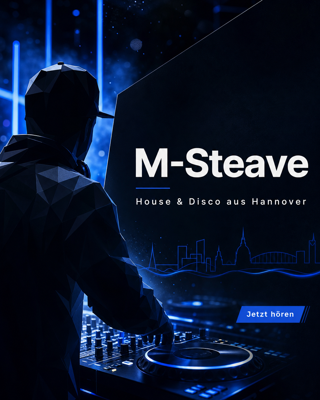 M-Steave DJ am Pult, blaues Neonlicht