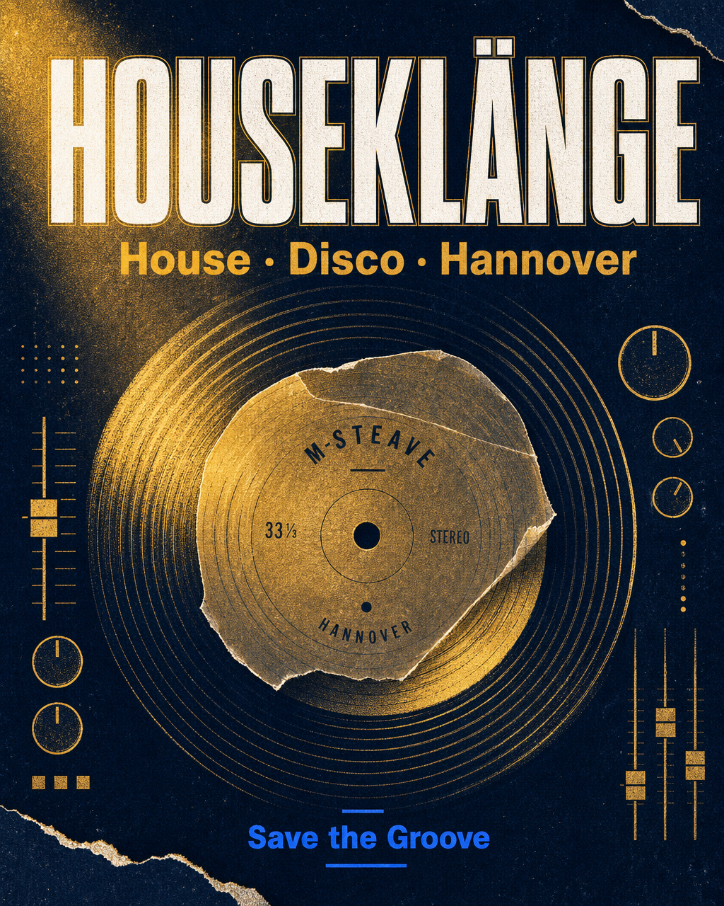 Houseklänge Label — goldene Vinyl Schallplatte auf dunklem Hintergrund