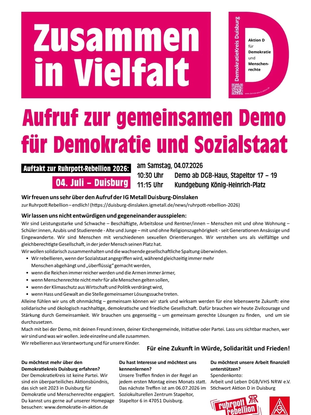 Ruhrpott-Rebellion 2026 – Demo für Demokratie und Sozialstaat
