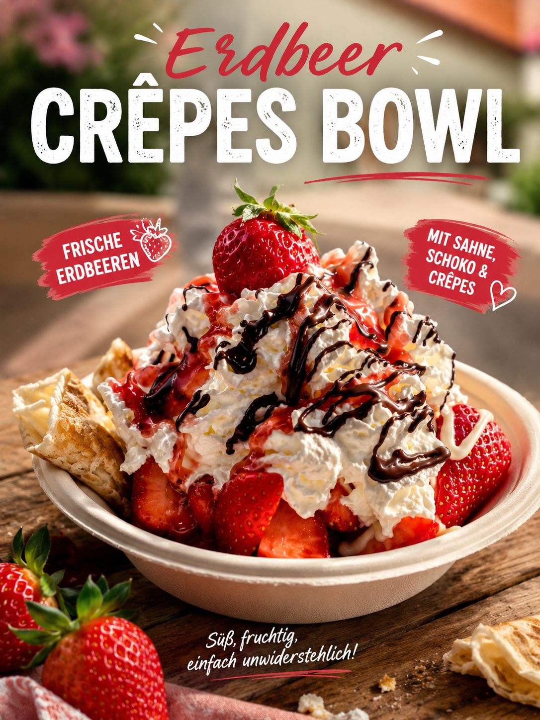 Erdbeer Crêpes Bowl – frische Erdbeeren mit Sahne und Schokolade